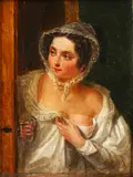 Portrait of a lady opening a door by French School, oil on canvas, offered Apr 2015