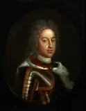 Portrait of a gentleman, tradionally identified as Prince James Francis Edward Stuart, bust-length, in armour and an ermine cloak, within a painted oval by English School, oil on canvas, sold Apr 2015