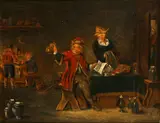 Interior with a seated figure raising a carafe by David Teniers the Younger, oil on panel, sold Apr 2015