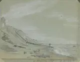 A view of Brighton Beach with figures on the shoreline by Thomas Clarke Arsa, pencil, black and white chalk with touches of pink and yellow chalks on blue paper, sold Apr 2015