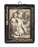 Ivory engraving with ink depicting The Holy Family with the Porridge Bowl by Raffaello Guidi, Antique and rare devotional engraving depicting the Holy Family, offered Feb 2026