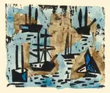 Fünf Boote und eine Boje by Lyonel Feininger, 1933, Holzschnitt, vom Künstler aquarelliert, auf Papier, als Briefkopf auf einen Brief von Julia Feininger vom 25.8.1945 mont, sold Jun 2010
