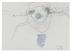Hans Bischoffshausen, Frau mit Shador, 1978, plaster, graphite pencil on offset print; framed