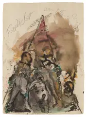 Todespyramide (from the cycle "Irak") by Alfred Hrdlicka, 2005, mixed media on paper; framed, sold Oct 2026