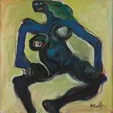 Blauer Kopfloser Akt auf Gelb by Alfred Kornberger, 1998, oil on canvas; framed, sold Oct 2026