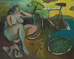 Alfred Kornberger, Beim Radwechsel, 1996, oil on canvas; unframed