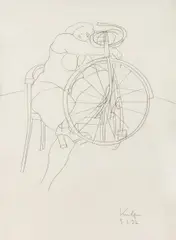 Alfred Kornberger, Akt auf Stuhl mit Fahrrad, 1977, pencil on paper; framed
