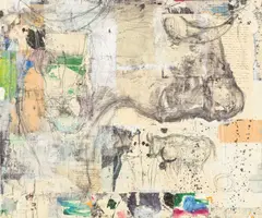Untitled by Nikolaus Moser, 1998, mixed media, collage on paper on cardboard mounted on a pallet; unframed, sold Oct 2026