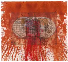 Hermann Nitsch, Untitled, 2007, etching over action painting (Schüttbild) on laid paper; unframed