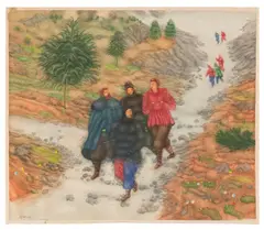 Arik Brauer, Die Rinne, mixed media on paper; framed