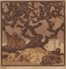 Norbertine Bresslern-Roth, Hirte, colour linocut on paper; framed