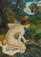 Arthur Brusenbauch, Female nude in a landscape, oil on canvas; framed