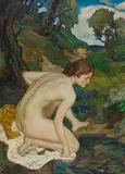 Female nude in a landscape by Arthur Brusenbauch, oil on canvas; framed, sold Oct 2026