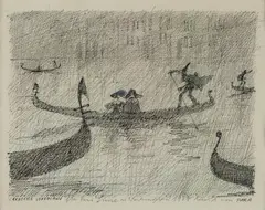 Paul Flora, Carnevale Veneziano, 1981, India ink, pencil and colour pencil on paper; framed