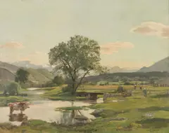 Hans Frank, Viehtränke bei Brixlegg, 1919, oil on cardboard; framed