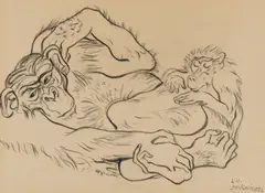 Ludwig Heinrich Jungnickel, Chimpanzees, black chalk on paper; framed
