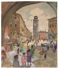Oskar Laske, Riva, Piazza Benacense, 1931, watercolour, gouache and pencil on paper; framed