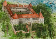 Anton Lehmden, Deutschkreutz Castle, 1971, India ink, watercolour on paper; framed