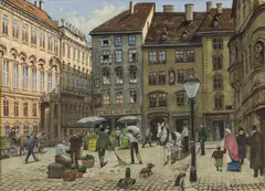 Richard Pokorny, Judenplatz, watercolour, gouache on paper; framed