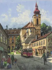Richard Pokorny, View from Ober St. Veit, watercolour, gouache on paper; framed