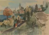 View of Maria Wörth by Otto Rudolf Schatz, c. 1950, watercolour on paper; framed, sold Oct 2026
