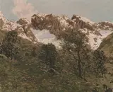 Mountain landscape by Siegfried Stoitzner, gouache on canvas on cardboard; framed, sold Oct 2026