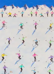 Peter Waldner, Skiers, mixed media on paper; framed
