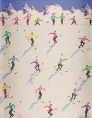 Peter Waldner, Skiers, acrylic, pencil on cardboard; framed