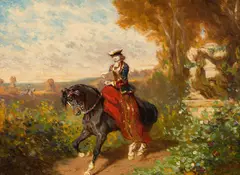 Alexander von Bensa, Elegant Lady on Horseback, oil on cardboard; framed
