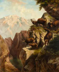 Franz Xaver von Pausinger, Chamois in the Mountains, oil on canvas; framed
