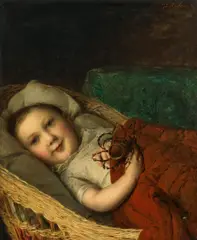 Johann Baptist Reiter, Toddler lying in a Basket, oil on canvas; framed
