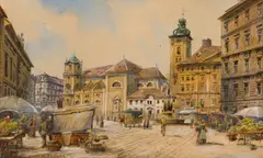 Karl Wenzel Zajicek, Market on the Freyung in Vienna, watercolour on paper; framed