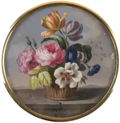 Anton Hartinger, Basket of Flowers on a Stone Wall, Oil on metal; framed