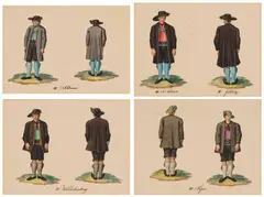 Joseph Melling, Folk Costumes from Austria: Salzburg/Tyrol (4 pieces), watercolour, gouache and pencil on paper; unframed, in passepartout