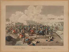 Wilhelm von Kobell, Mixed lot of 4 pieces, Schlacht bey Hanau; das Fefecht bei Biala (1812); Battlescenes, Copperplate engraving, coloured; framed and ink and watercolour on paper; framed