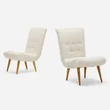Lounge chairs, pair by Modern, c. 1960, boucle upholstery, birch, sold Aug 2023