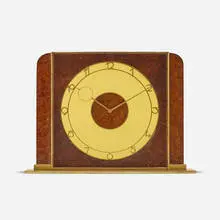 Table clock by Kienzle, c. 1930, brass, walnut burl, glass, sold Aug 2023