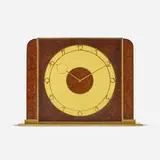 Table clock by Kienzle, c. 1930, brass, walnut burl, glass, sold Aug 2023