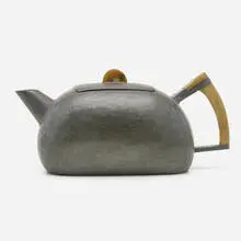 Teapot by Karl Raichle, c. 1935, pewter, horn, sold Aug 2023