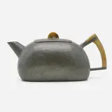 Teapot by Karl Raichle, c. 1935, pewter, horn, sold Aug 2023