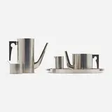 Cylinda tea and coffee service by Arne Jacobsen, 1967, stainless steel, plastic, sold Aug 2023