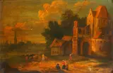 Travellers in a landscape before a castle by Adriaen Frans Boudewijns, oil on panel, sold Apr 2015