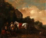 Figures and a grey horse in a landscape by Dutch School, oil on panel, sold Apr 2015