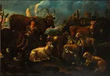 A drover with his flocks before a town; A drover resting with his flock before a town by called Rosa Da Tivoli Philipp Peter Roos, oil on canvas, a pair, sold Apr 2015