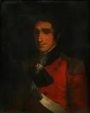 Portrait of an officer in a regimental tunic, half length, said to be Captain Robert Percival by English School, oil on canvas, sold Apr 2015