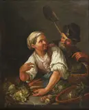 The Vegetable Seller; and The Fish Seller by Dutch School, oil on canvas,, offered Apr 2015