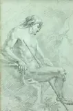 A male nude, seated, a staff leaning against his thigh by Italian School, black chalk, watermark a circled anchor, sold Apr 2015