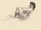 Liegender Akt mit Strümpfen by George Grosz, 1947, Kreide auf Bütten (Wz: MBM France Ingres d’Arches), sold Nov 2011