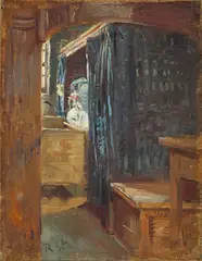 Interieur mit Wiege by Robert Sterl, Um 1889, Öl auf Leinwand, auf Hartfaser aufgezogen, sold Nov 2012