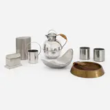 Collection of tabletop items by Modern, c. 1955-2013, silver-plated brass, brass, aluminum, stainless steel, metal, cane, sold Aug 2023